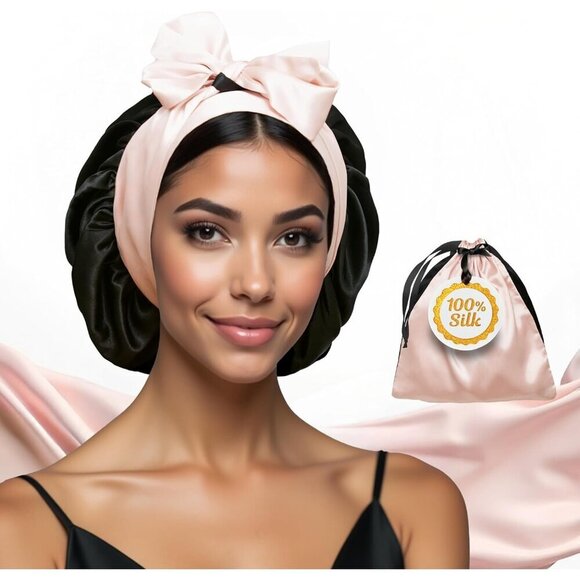 Silk Sleep Bonnet Women Men Black Rose 100% Mulberry Hair Protect Deep Sleep main image 6